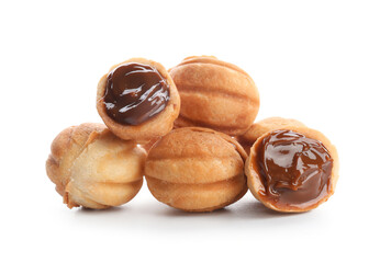 Wall Mural - Many sweet walnut shaped cookies with boiled condensed milk on white background