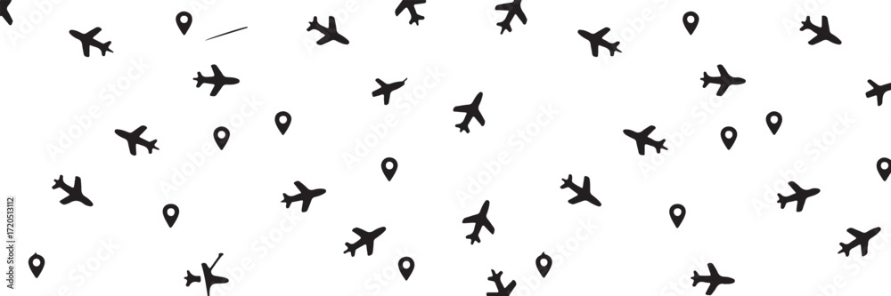 travel icons pattern with airplanes dotted flight paths and location ...