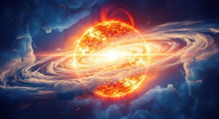 Wall Mural - A vibrant depiction of a fiery celestial body surrounded by swirling cosmic clouds and rings of nebulae.