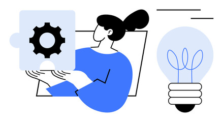 Wall Mural - Woman holding gear puzzle piece symbolizing collaboration and problem-solving, light bulb next to her for inspiration. Ideal for innovation, teamwork, brainstorming, strategy, business, creativity