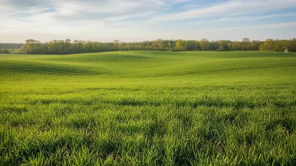 Wall Mural - Medium shot of lush green hay fields in spring showcasing early growth and vibrant new shoots under soft sunlight.