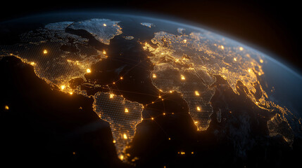 Wall Mural - Global Connectivity: A stunning visual of Earth from space, showcasing illuminated city lights, emphasizing global networks and technology's reach. 