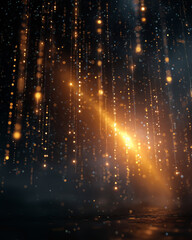 Wall Mural - Golden Abstract Lights: Dazzling strands of golden light cascade downwards, creating a mesmerizing dance of brilliance in a dark, surreal space, invoking a sense of wonder and ethereal beauty.