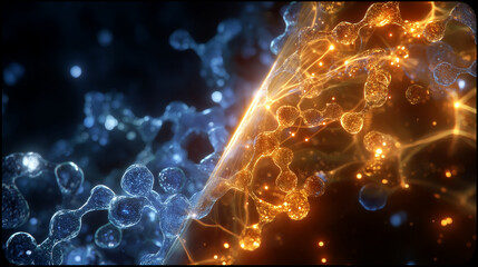 Wall Mural - Molecular Universe: A visually striking, high-angle shot showcasing an abstract design of interconnected molecules, rendered in vibrant orange and blue.