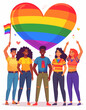 © Gilang - Group of diverse people celebrating Pride with a rainbow heart and flag.