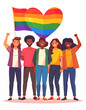 © Gilang - Group of diverse people celebrating Pride with a rainbow flag and heart.