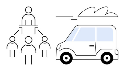 Wall Mural - Team hierarchy connecting individuals to a leader beside a compact car in motion. Ideal for teamwork, transport, mobility, organization, leadership, workflow, connectivity. Simple flat metaphor