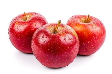 Wall Mural - Three Fresh Red Apples with Water Droplets on a White Background. 80 characters