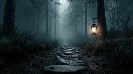 Wall Mural - Mysterious journey through a dark forest path with lantern enchanted landscape nighttime surreal atmosphere
