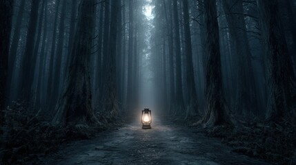 Wall Mural - Mysterious lantern illuminates dark forest path enchanted woods photorealistic image nighttime mystical atmosphere