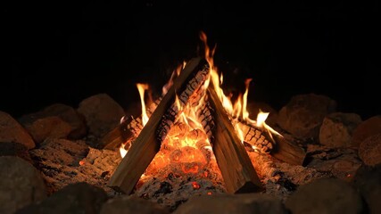 Wall Mural - ﻿timelapse of a cozy campfire slowly burning down to glowing embers and white ash in the darkness ni