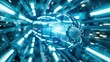 © 金 先生 - Futuristic translucent capsule floating against a blue medical backdrop with light refraction.