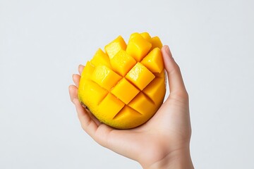Wall Mural - Woman's Hand Holding Fresh Sliced Mango, Yellow Fruit Displayed On Light Background