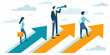 © RanjanKumar - Business people climbing up arrows representing growth and future success with one looking through a telescope