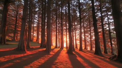 Wall Mural - Enchanting Sunset Through Tall Trees in a Serene Forest Setting with Golden Light and Long Shadows