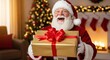 © Siti - Cheerful Santa Claus holding a golden Christmas gift with a red bow
