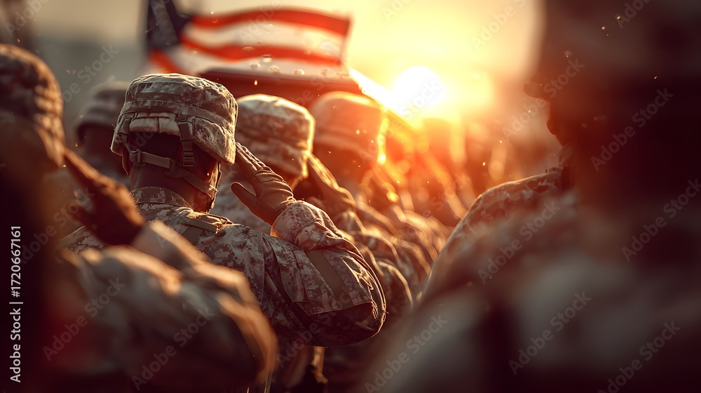 Soldiers in Uniform Saluting Under Sunset with American Flag Stock ...