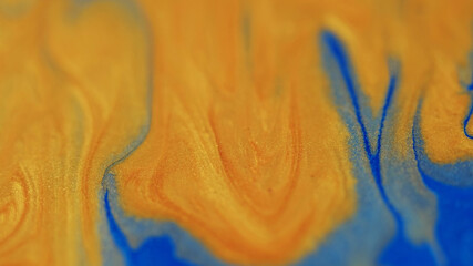 Wall Mural - Glitter mix. Ink emulsion. Defocused blue yellow color shimmering water chemical texture spreading on abstract art enamel background.
