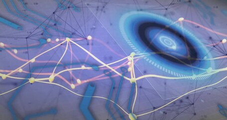 Wall Mural - Network emerging over circuit, blue HUD rotating, nodes shifting, lines rerouting showing data flow