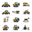 © Sipa - An engaging set of yellow and black industrial machinery and construction vehicles, presented as stylized cartoon stickers, perfect for various engineering and heavy industry designs.