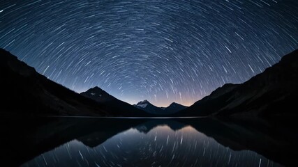 Wall Mural - A serene mountain lake perfectly reflects the swirling star trails and vastness of the night sky above calm, mountain lake, universe