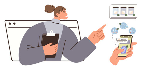 Woman holding clipboard points at a smartphone displaying app interface with charts and tasks. Ideal for technology, productivity, online tools, management, business, data, organization. Simple flat