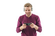 © be free - Man gamer in headphones play online with phone app. Man using phone app isolated in white. Millennial lifestyle. Music and game lifestyle. Millennial man in music headphones