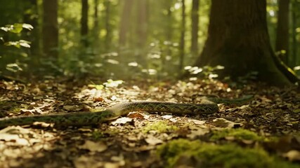 Poster - Stealthy snake slithering silently across a dappled forest floor, illuminated by sun rays filtering through trees natural habitat, serene, ground