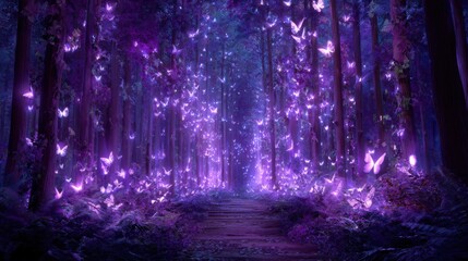 Wall Mural - Butterflies of various sizes illuminate the serene forest at dusk. Soft purple lights dance among tall trees creating a magical and tranquil scene perfect for reflection and peace.
