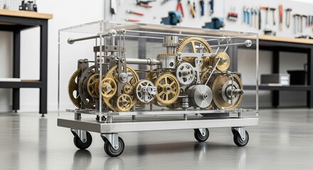 Intricate clockwork mechanism with gears encased in transparent box on wheels displayed indoors