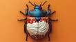 © Wallpaper - hyperrealistic photo of a deep-blue orange red ivory-white beetle with big whipped-cream cake illustration on back