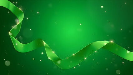 Elegant green ribbon with bokeh and glitter on a gradient green background