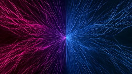 Wall Mural - The image showcases a mesmerizing abstract design with slender lines emanating from a central point, bathed in contrasting hues of vibrant pink and cool, electric blue.
