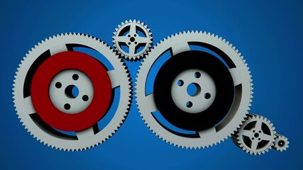 loop animation of spinning gear on blue background 4k video footage. with alpha channel transparency White geometric motion 3d background.