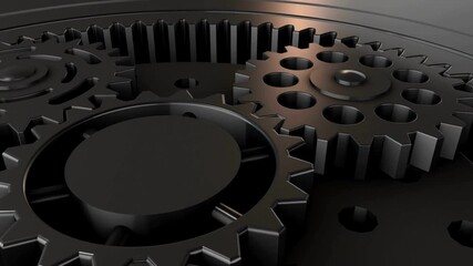 cogwheel gear spinning around animation video. Metallic clockwork or transmission is machines in an ancient old factory. teamwork, design