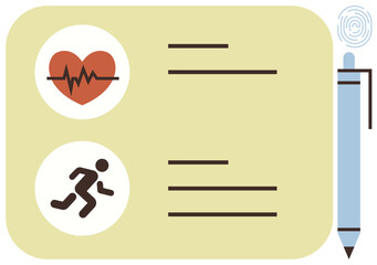 Wall Mural - Heartbeat icon, running figure, pen, and document highlight health, fitness tracking, lifestyle monitoring. Ideal for wellness, diagnostics, exercise plans health records medical forms biometric