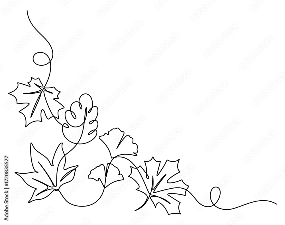 continuous line drawing of autumn leaf handdrawn corner decorative ...