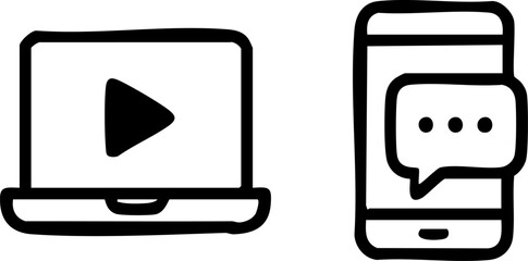 Laptop with play button and smartphone with message bubble.