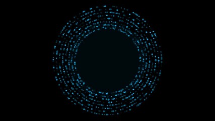 Wall Mural - A dense ring of glowing blue particles and data points swirls on isolated black background. Abstract seamless loop for science, technology, or data flow visuals. Central copy space