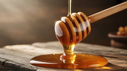 Viscous golden honey slowly dripping from a wooden dipper onto a rustic textured wooden surface with soft diffused light