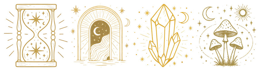PNG Mystical gold line art designs, element set on transparent background