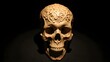 © Elina - Intricate skull sculpture showcasing elegant designs made of clay in a dimly lit gallery