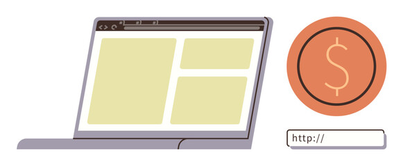 Laptop screen displaying a web interface, dollar coin, and URL bar. Ideal for e-commerce, online ads, web design, revenue, fintech, business growth digital marketing concepts in simple flat metaphor