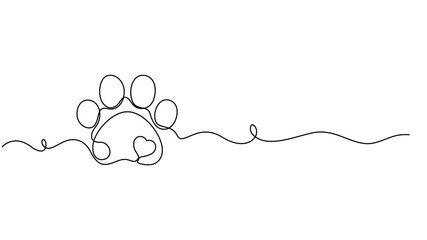Video. Dog and cat paw hearts drawn in one continuous line. Dog paw prints in a heart frame in a simple linear style, Concept of love for animals .Animation on white background 4K. cat paw. vector.