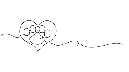 Video. Dog and cat paw hearts drawn in one continuous line. Dog paw prints in a heart frame in a simple linear style, Concept of love for animals .Animation on white background 4K. cat paw. vector.