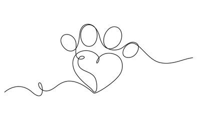 Dog or cat paw footprint and heart continuous one line drawing animation, Video. Dog and cat paw hearts drawn in one continuous line. Dog paw prints in a heart frame in a simple linear style. Concept