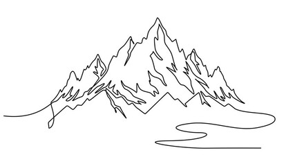Mountain continuous one line drawing animation, Video. Continuous linear drawing of abstract landscape on a mountain range background, with setting sun. High mountains and sun in a simple linear style
