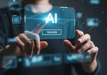 Person using futuristic interface to generate artificial intelligence content