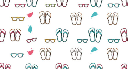 A pattern of sunglasses and flip-flops with colorful splashes of color.
