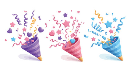 Three colorful party poppers exploding with confetti, streamers, hearts, and stars on a white background.
